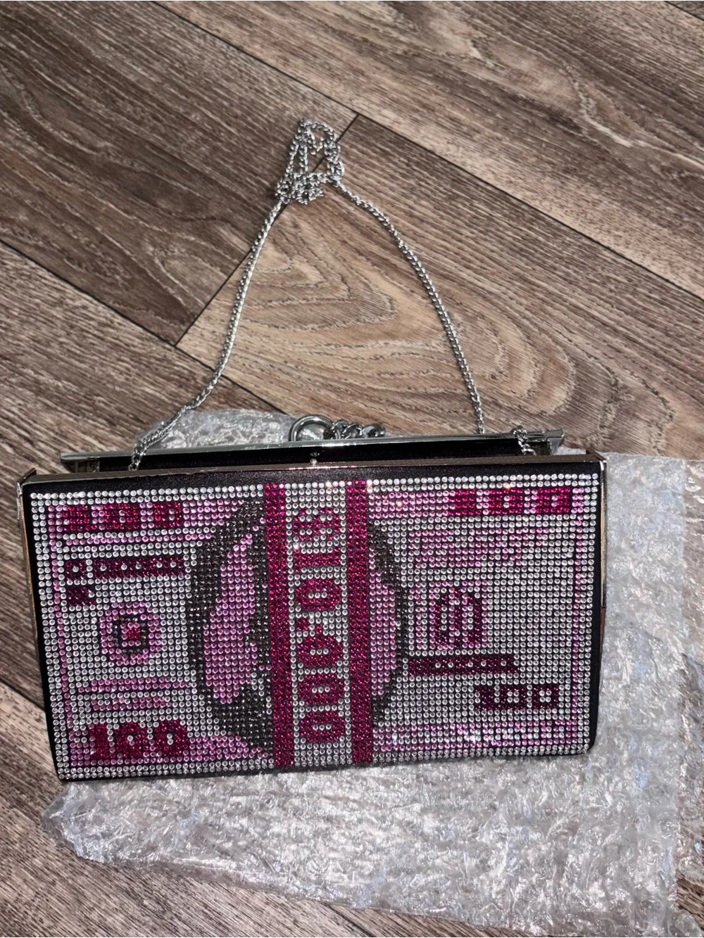 AKIRA Pink Crystal Money Bill Clutch with Silver Chain Strap